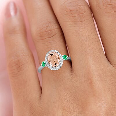 Luxoro Premium Pink Morganite, Boyaca Colombian Emerald and G-H I1 Diamond 1.75 ctw Ring in 14K White Gold (Size 10.0)
