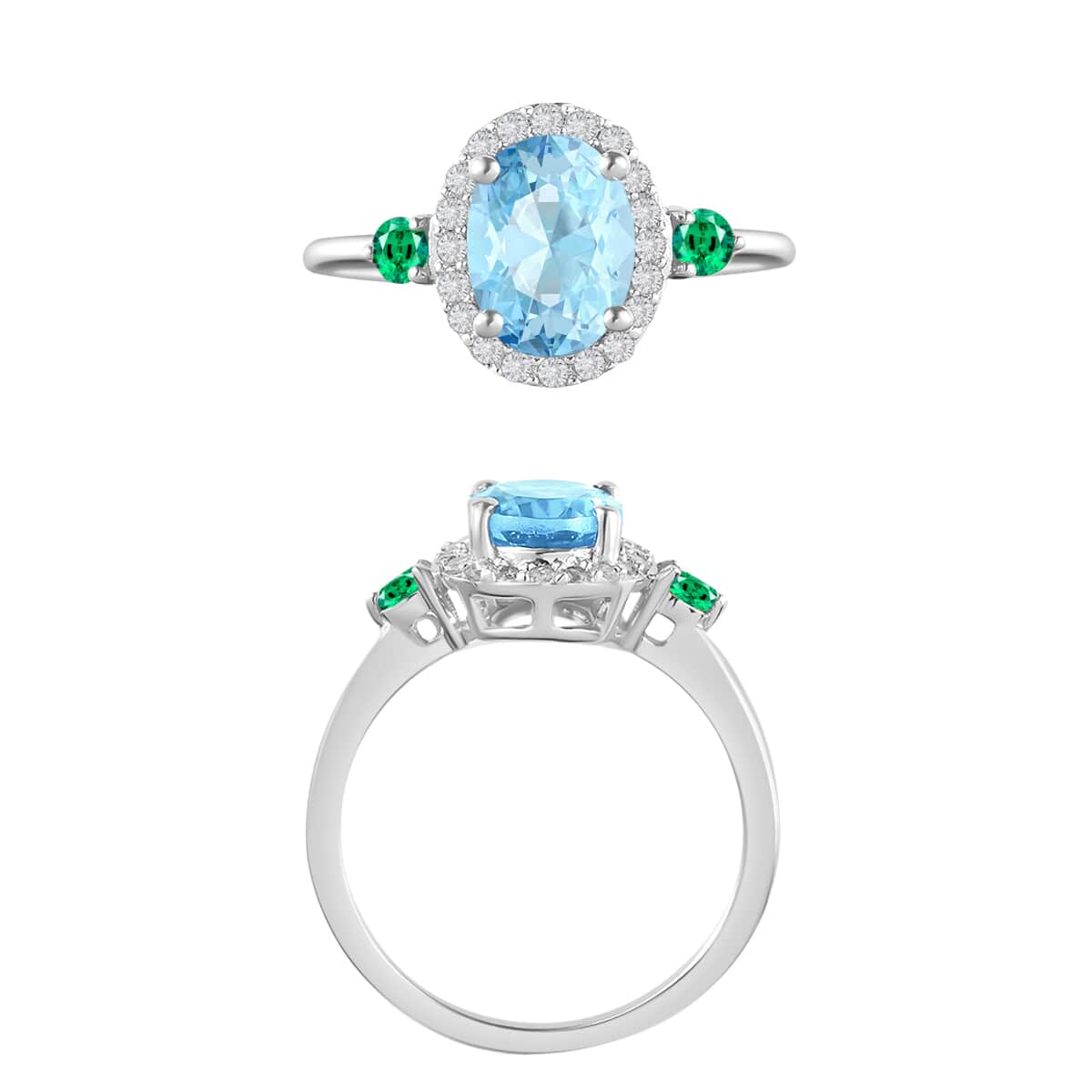 Luxoro Premium Mangoro Aquamarine, Boyaca Colombian Emerald and G-H I1 Diamond Ring in 14K White Gold (Size 10.0) 1.65 ctw image number 3