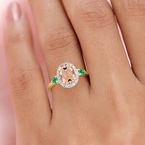 Luxoro Premium Pink Morganite, Boyaca Colombian Emerald and G-H I1 Diamond 1.75 ctw Ring in 14K Yellow Gold (Size 8.0) (Del. in 10-12 Days)