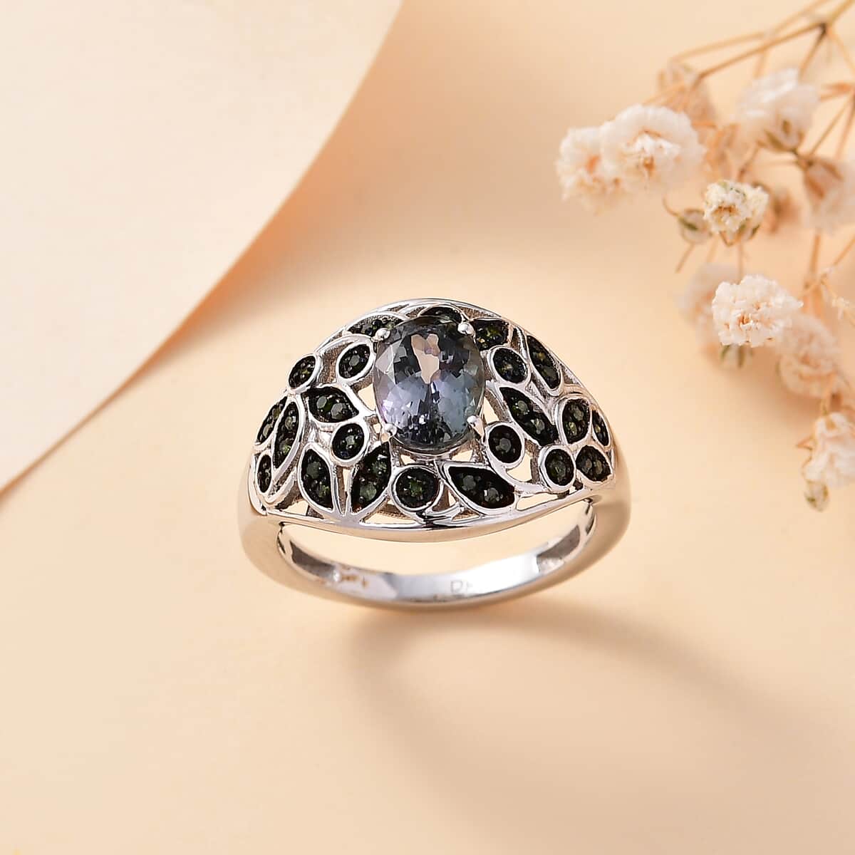 Peacock Tanzanite and Uncut Green Diamond 1.80 ctw Botanical Bliss Ring in Rhodium Over Sterling Silver (Size 9.0) image number 1