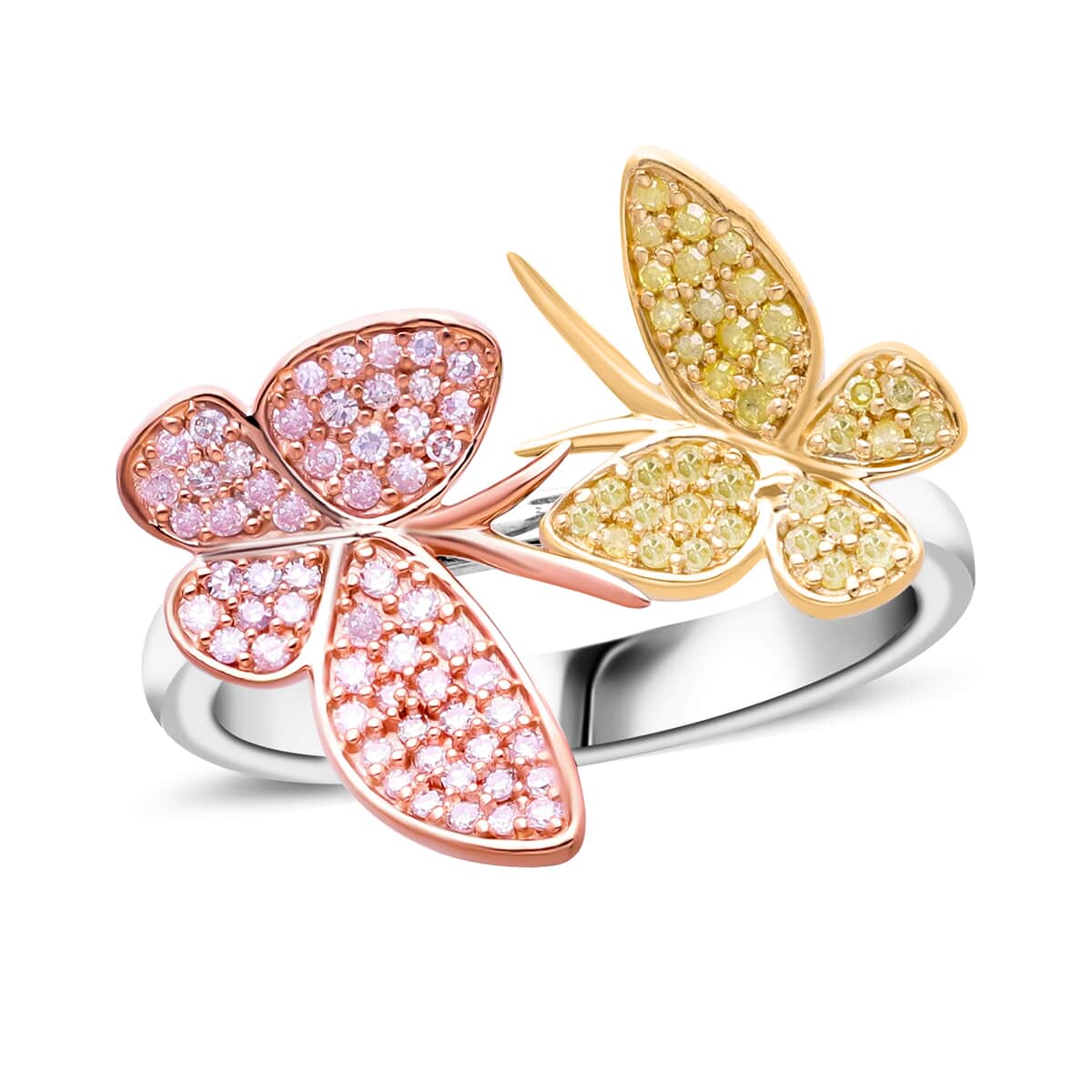 Natural Pink and Yellow Diamond I3 0.50 ctw Butterfly Ring in Vermeil Yellow Rose Gold and Rhodium Over Sterling Silver (Size 10.0)  image number 0