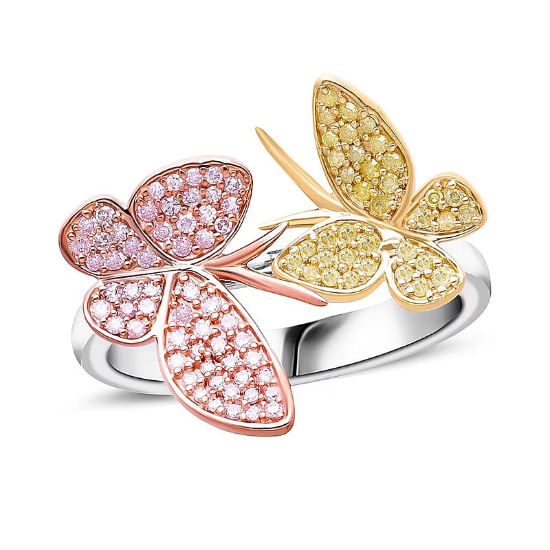 Natural Pink and Yellow Diamond I3 0.50 ctw Butterfly Ring in Vermeil Yellow Rose Gold and Rhodium Over Sterling Silver (Size 10.0) (Del. in 10-12 Days)