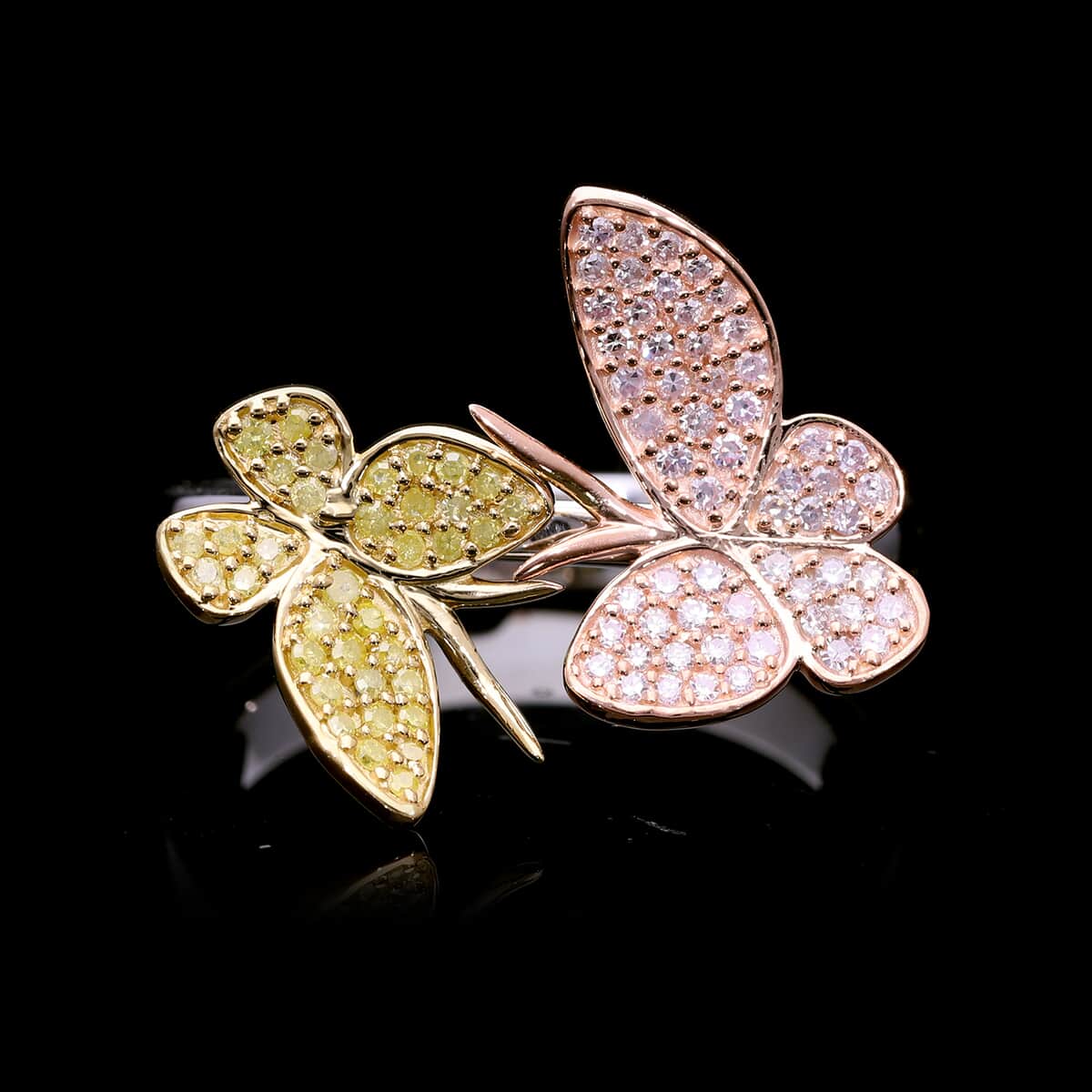 Natural Pink and Yellow Diamond 0.50 ctw Butterfly Ring in Vermeil Yellow Rose Gold and Rhodium Over Sterling Silver image number 1