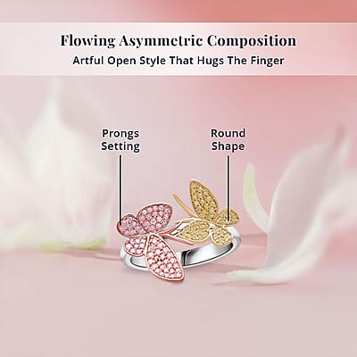 Natural Pink and Yellow Diamond I3 0.50 ctw Butterfly Ring in Vermeil Yellow Rose Gold and Rhodium Over Sterling Silver (Size 10.0) (Del. in 10-12 Days)