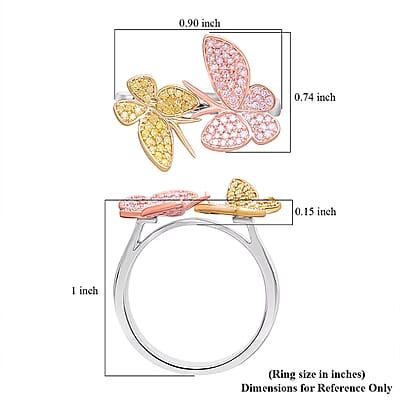 Natural Pink and Yellow Diamond I3 0.50 ctw Butterfly Ring in Vermeil Yellow Rose Gold and Rhodium Over Sterling Silver (Size 10.0) (Del. in 10-12 Days)