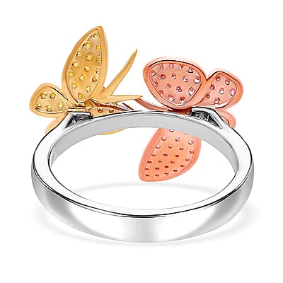 Natural Pink and Yellow Diamond I3 0.50 ctw Butterfly Ring in Vermeil Yellow Rose Gold and Rhodium Over Sterling Silver (Size 10.0) (Del. in 10-12 Days)