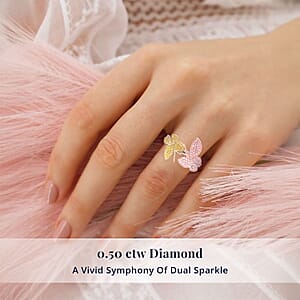 Natural Pink and Yellow Diamond I3 0.50 ctw Butterfly Ring in Vermeil Yellow Rose Gold and Rhodium Over Sterling Silver (Size 8.0)