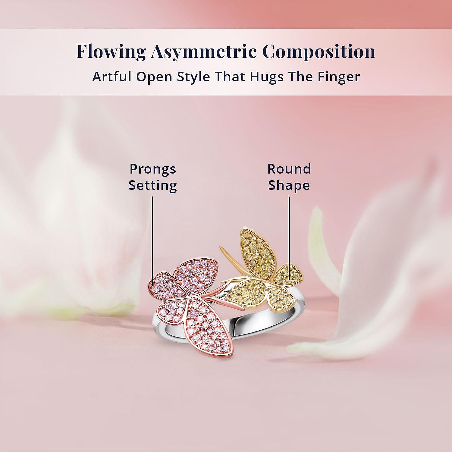 Natural Pink and Yellow Diamond I3 0.50 ctw Butterfly Ring in Vermeil Yellow Rose Gold and Rhodium Over Sterling Silver (Size 9.0) (Del. in 10-12 Days)