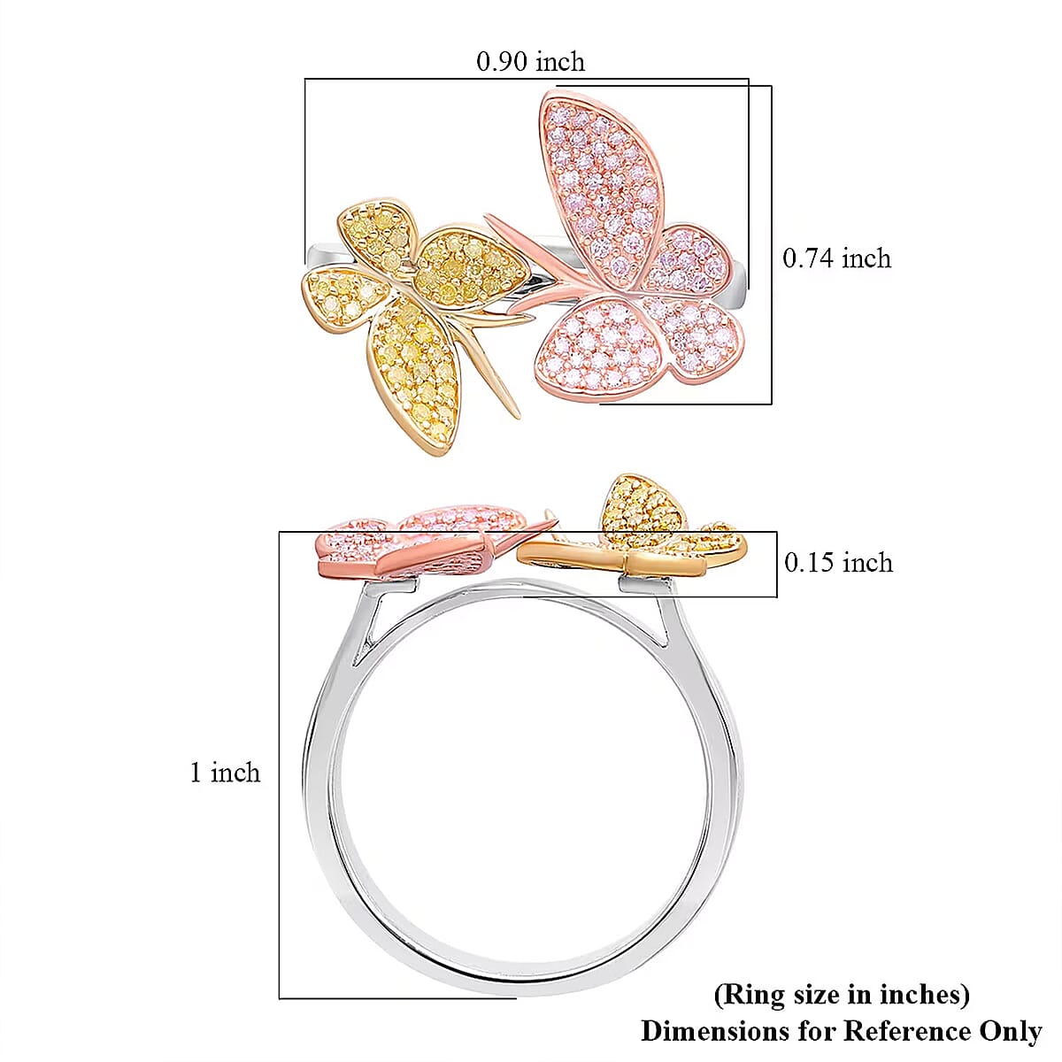 Natural Pink and Yellow Diamond I3 0.50 ctw Butterfly Ring in Vermeil Yellow Rose Gold and Rhodium Over Sterling Silver (Size 9.0)  image number 6
