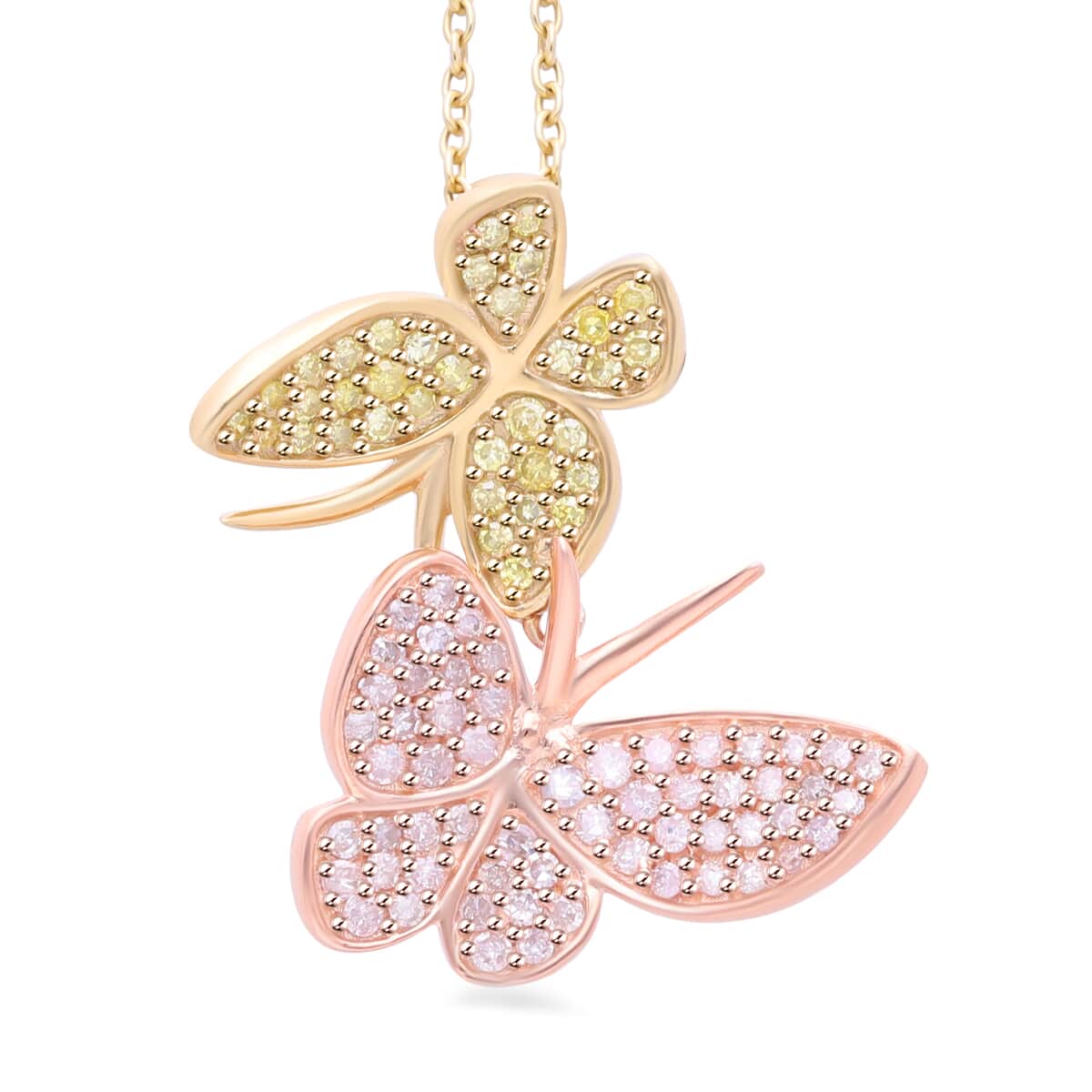 Natural Pink and Yellow Diamond I3 0.50 ctw Butterfly Pendant Necklace in Vermeil Yellow Rose Gold Over Sterling Silver 18-20 Inches image number 0