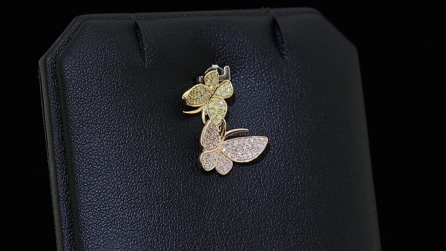 D'Joy Natural Pink and Yellow Diamond Butterfly Pendant without Chain in Vermeil YRG Over Sterling Silver 0.50 ctw