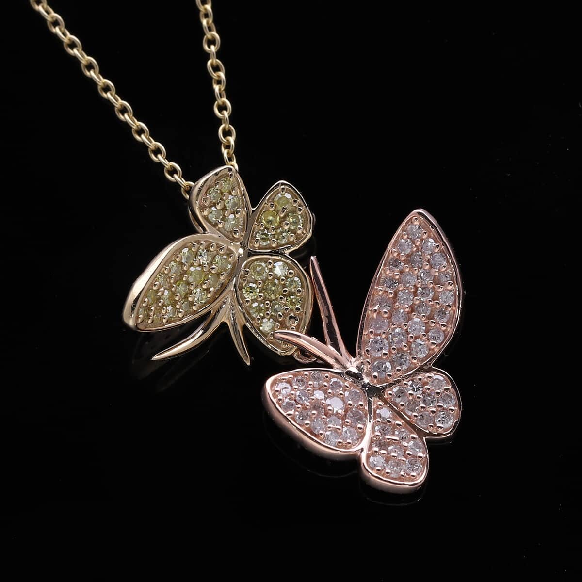 Natural Pink and Yellow Diamond I3 0.50 ctw Butterfly Pendant Necklace in Vermeil Yellow Rose Gold Over Sterling Silver 18-20 Inches image number 1