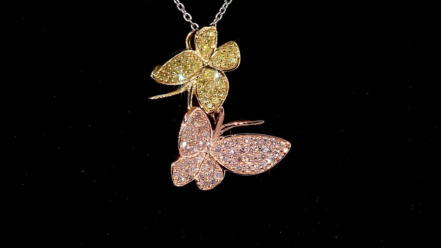D'Joy Natural Pink and Yellow Diamond Butterfly Pendant without Chain in Vermeil YRG Over Sterling Silver 0.50 ctw