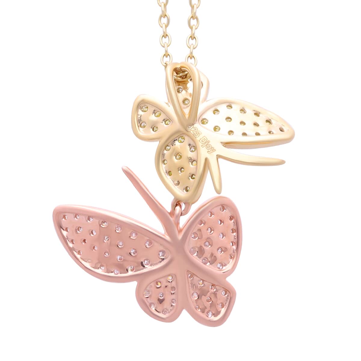 Natural Pink and Yellow Diamond I3 0.50 ctw Butterfly Pendant Necklace in Vermeil Yellow Rose Gold Over Sterling Silver 18-20 Inches image number 4