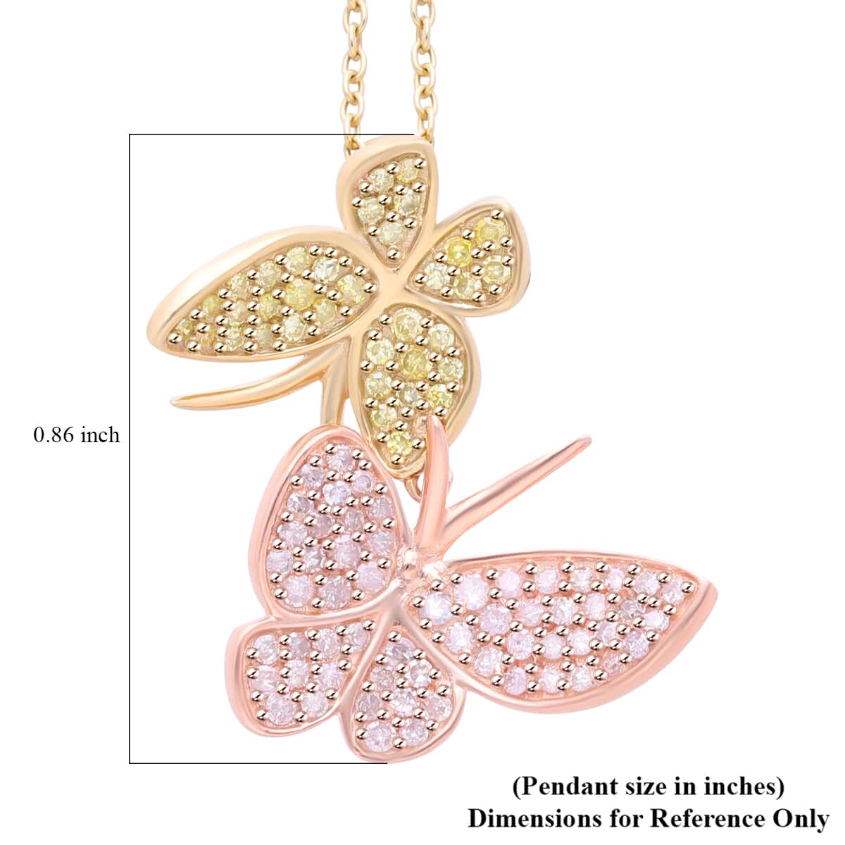 Natural Pink and Yellow Diamond I3 0.50 ctw Butterfly Pendant Necklace in Vermeil Yellow Rose Gold Over Sterling Silver 18-20 Inches image number 5