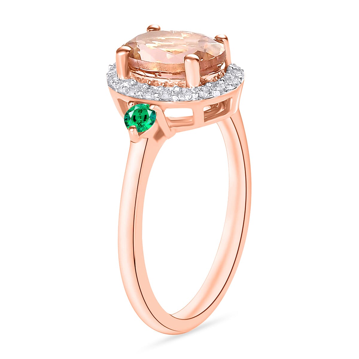 Luxoro Premium Pink Morganite, Boyaca Colombian Emerald and G-H I1 Diamond 1.75 ctw Ring in 14K Rose Gold (Size 6.5) (Del. in 10-12 Days) image number 2