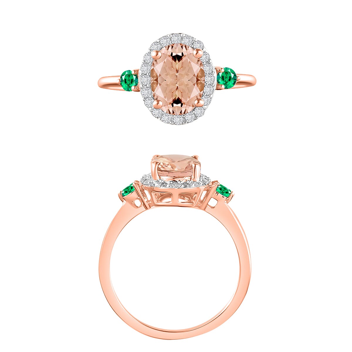 Luxoro Premium Pink Morganite, Boyaca Colombian Emerald and G-H I1 Diamond 1.75 ctw Ring in 14K Rose Gold (Size 6.5) (Del. in 10-12 Days) image number 3