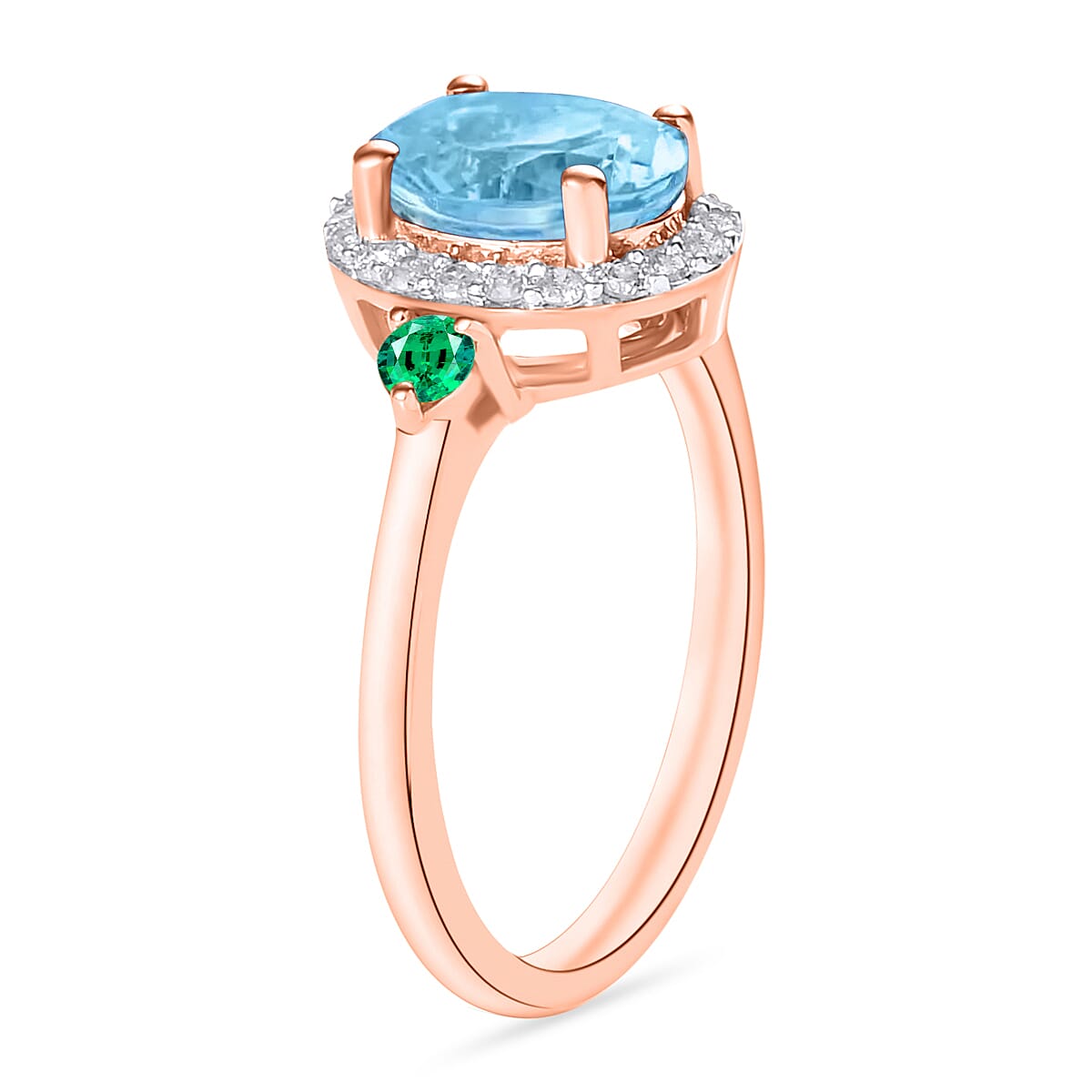 Luxoro Premium Mangoro Aquamarine, Boyaca Colombian Emerald and G-H I1 Diamond 1.65 ctw Ring in 14K Rose Gold (Size 4.5) (Del. in 10-12 Days) image number 2
