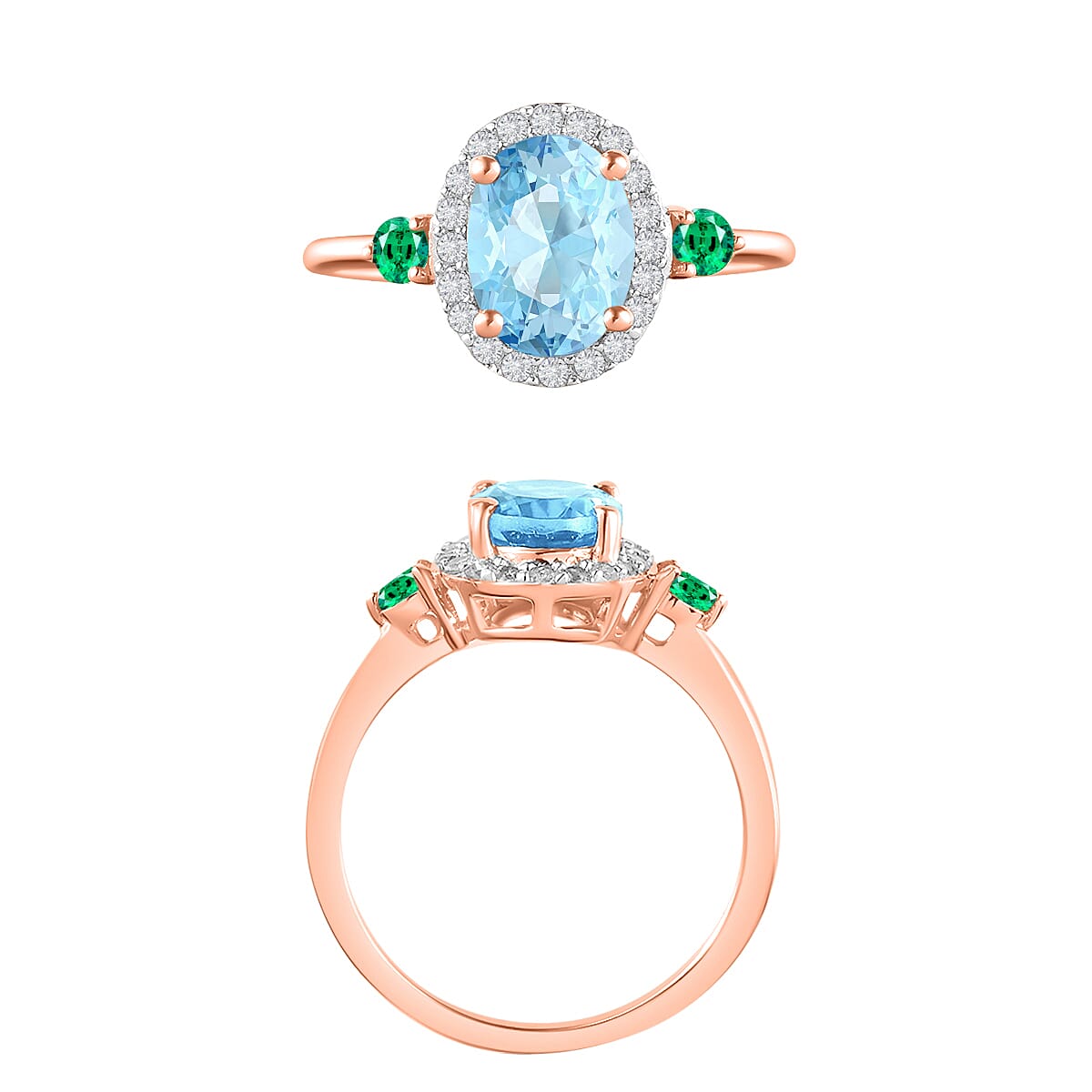 Luxoro Premium Mangoro Aquamarine, Boyaca Colombian Emerald and G-H I1 Diamond 1.65 ctw Ring in 14K Rose Gold (Size 4.5) (Del. in 10-12 Days) image number 3