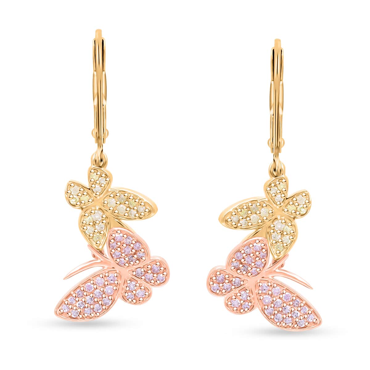 Natural Pink and Yellow Diamond I3 0.50 ctw Butterfly Earrings in Vermeil Yellow Rose Gold Over Sterling Silver image number 0