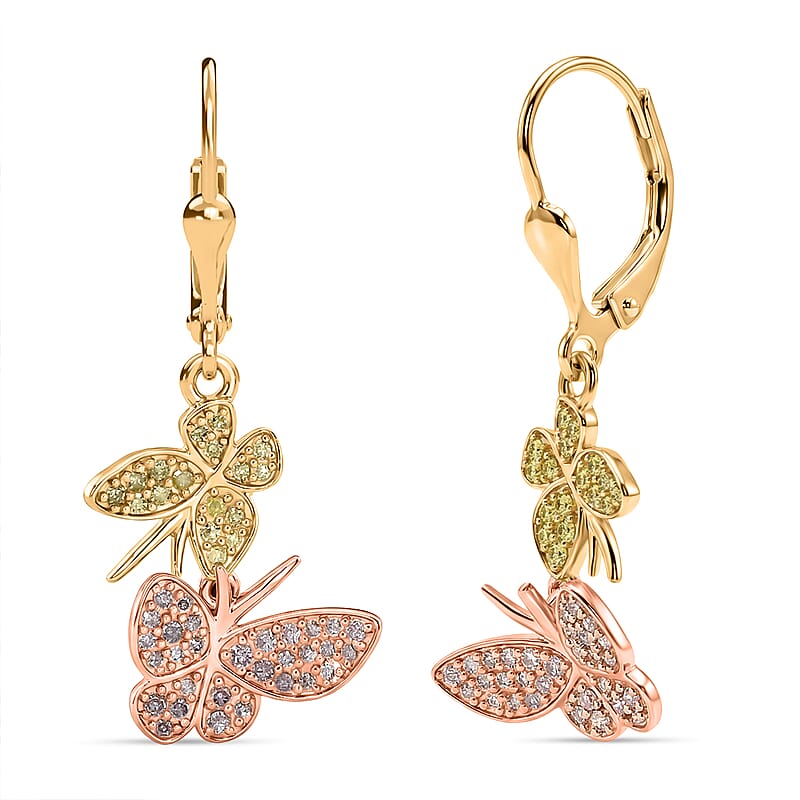 D'Joy Natural Pink and Yellow Diamond 0.50 ctw Butterfly Earrings in 18K Vermeil YRG Over Sterling Silver