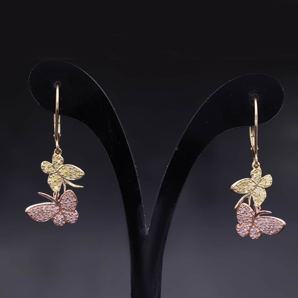 Natural Pink and Yellow Diamond I3 0.50 ctw Butterfly Earrings in Vermeil Yellow Rose Gold Over Sterling Silver image number 1