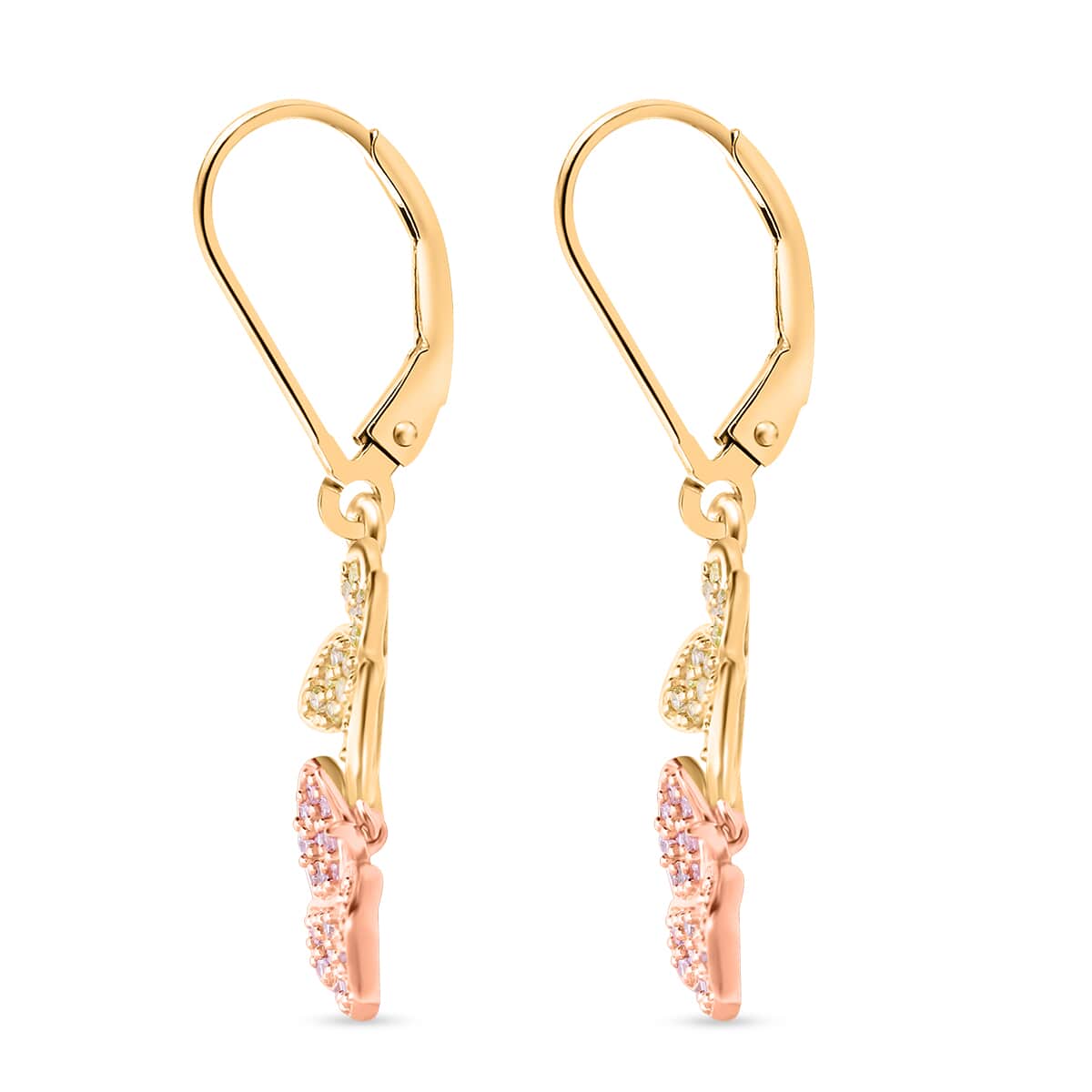 Natural Pink and Yellow Diamond I3 0.50 ctw Butterfly Earrings in Vermeil Yellow Rose Gold Over Sterling Silver image number 3