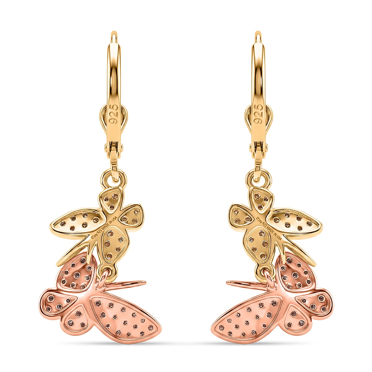 D'Joy Natural Pink and Yellow Diamond 0.50 ctw Butterfly Earrings in 18K Vermeil YRG Over Sterling Silver