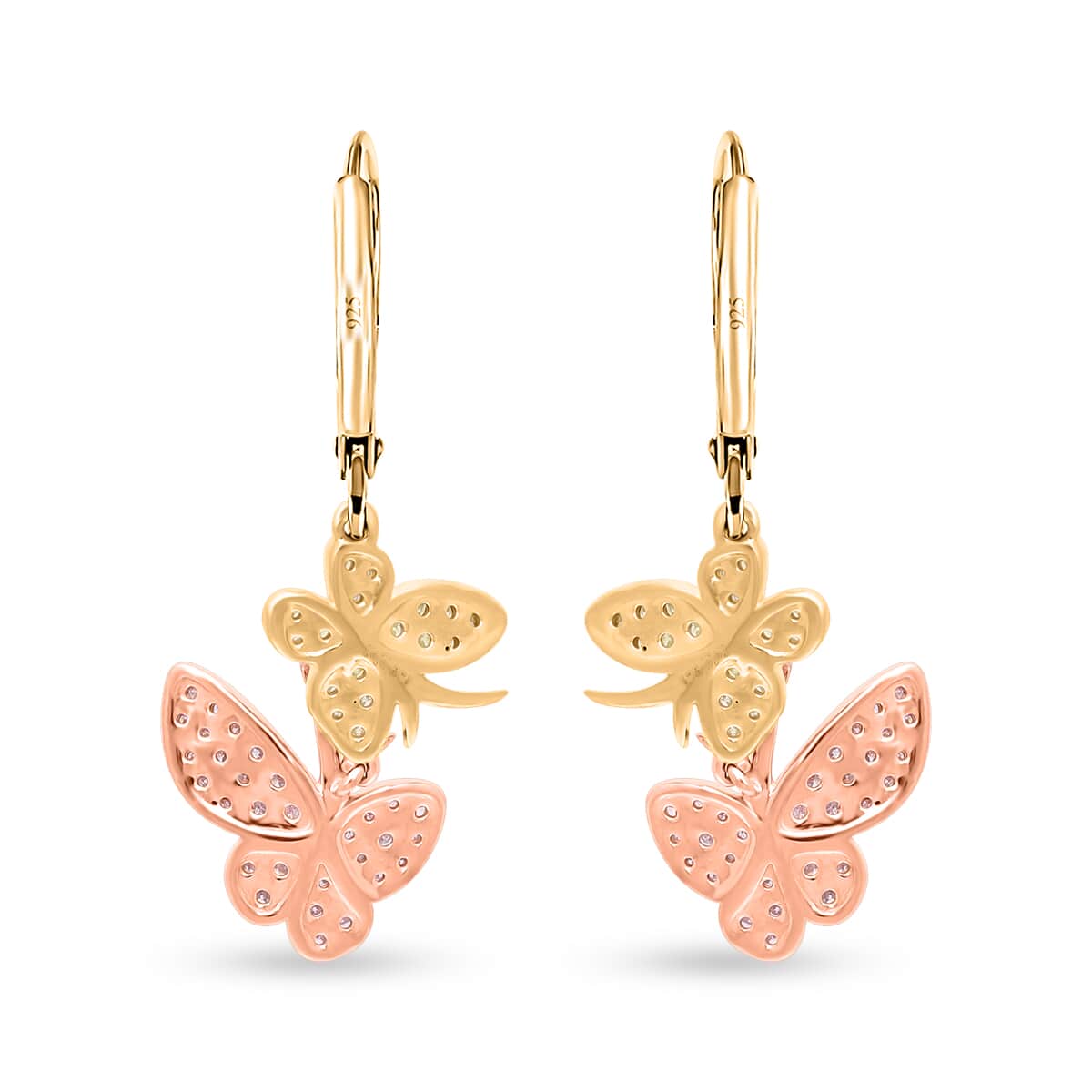 Natural Pink and Yellow Diamond I3 0.50 ctw Butterfly Earrings in Vermeil Yellow Rose Gold Over Sterling Silver image number 4