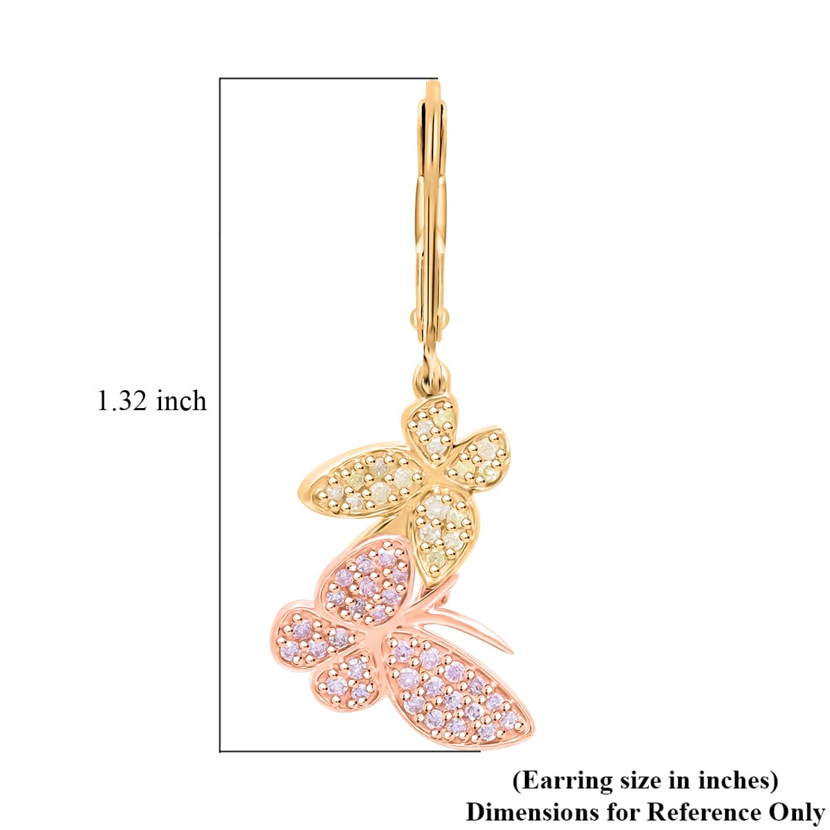 Natural Pink and Yellow Diamond I3 0.50 ctw Butterfly Earrings in Vermeil Yellow Rose Gold Over Sterling Silver image number 5