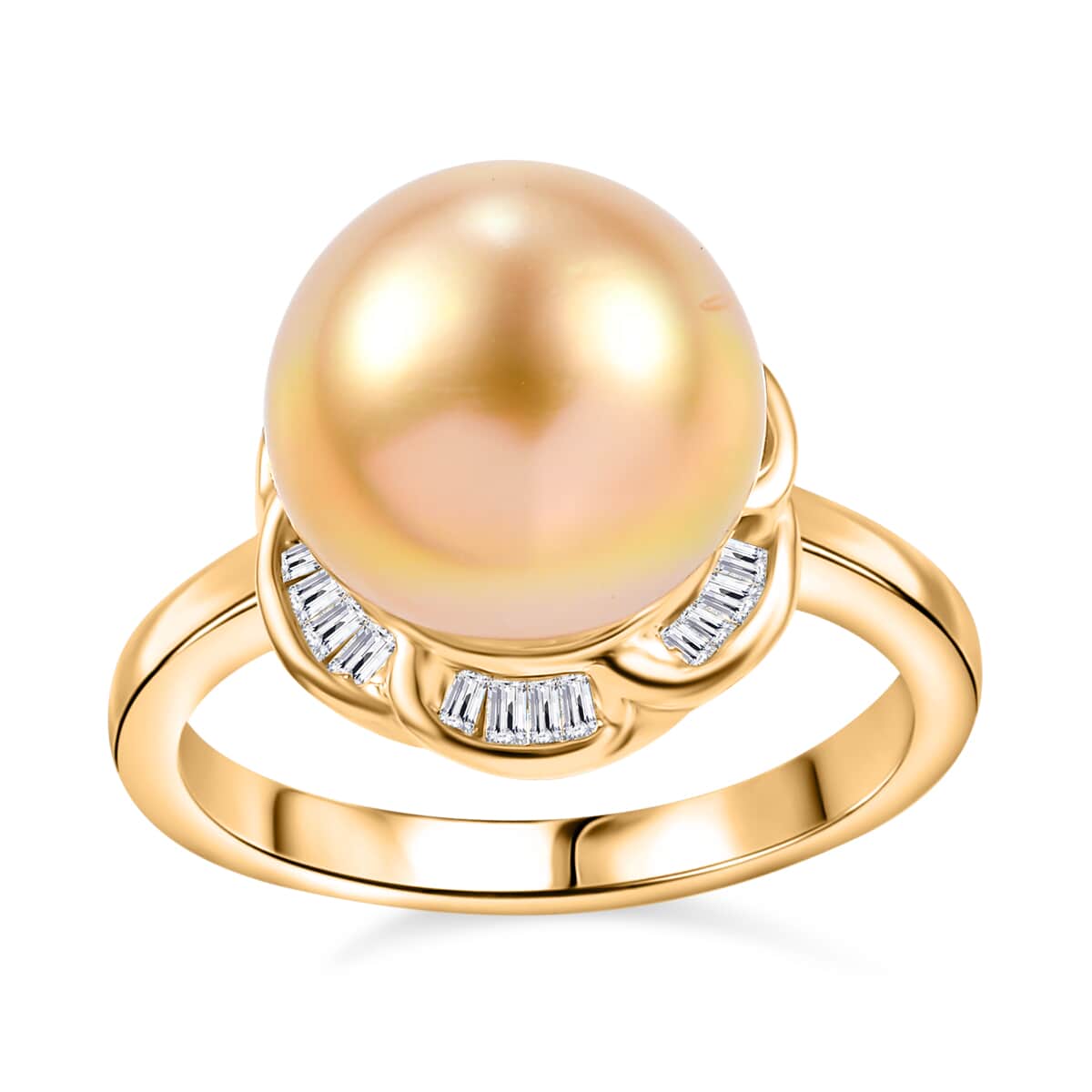 South Sea Golden Cultured Pearl and Diamond 0.20 ctw Flower Ring in 18K Vermeil Yellow Gold Over Sterling Silver (Size 10.0) image number 0