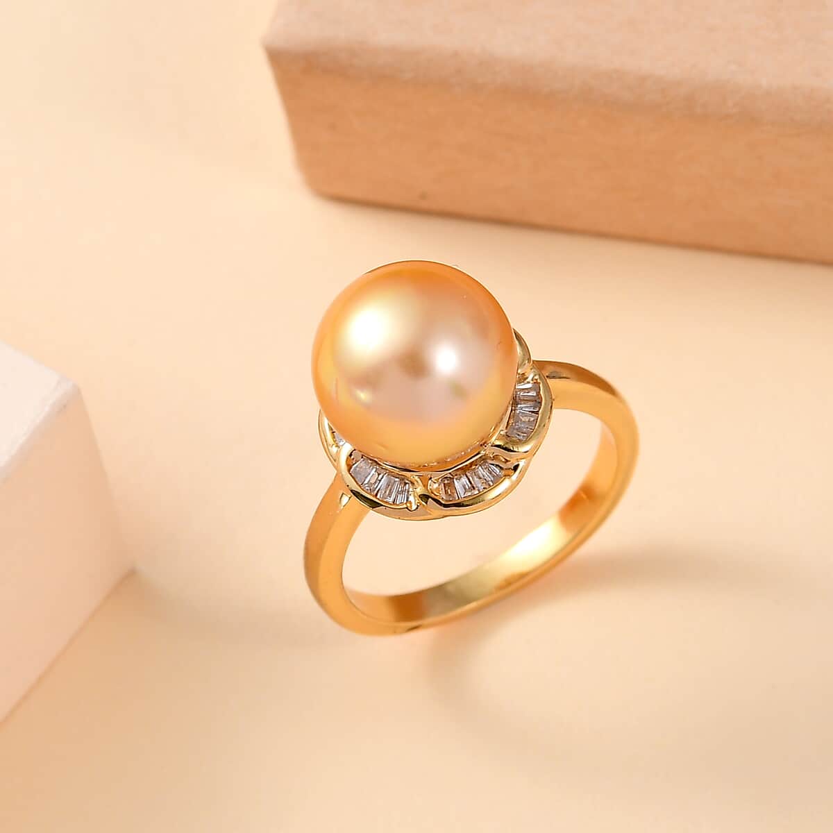 South Sea Golden Cultured Pearl and Diamond 0.20 ctw Flower Ring in 18K Vermeil Yellow Gold Over Sterling Silver (Size 10.0) image number 1