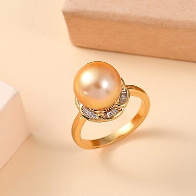 South Sea Golden Cultured Pearl and Diamond 0.20 ctw Flower Ring in 18K Vermeil Yellow Gold Over Sterling Silver (Size 10.0)