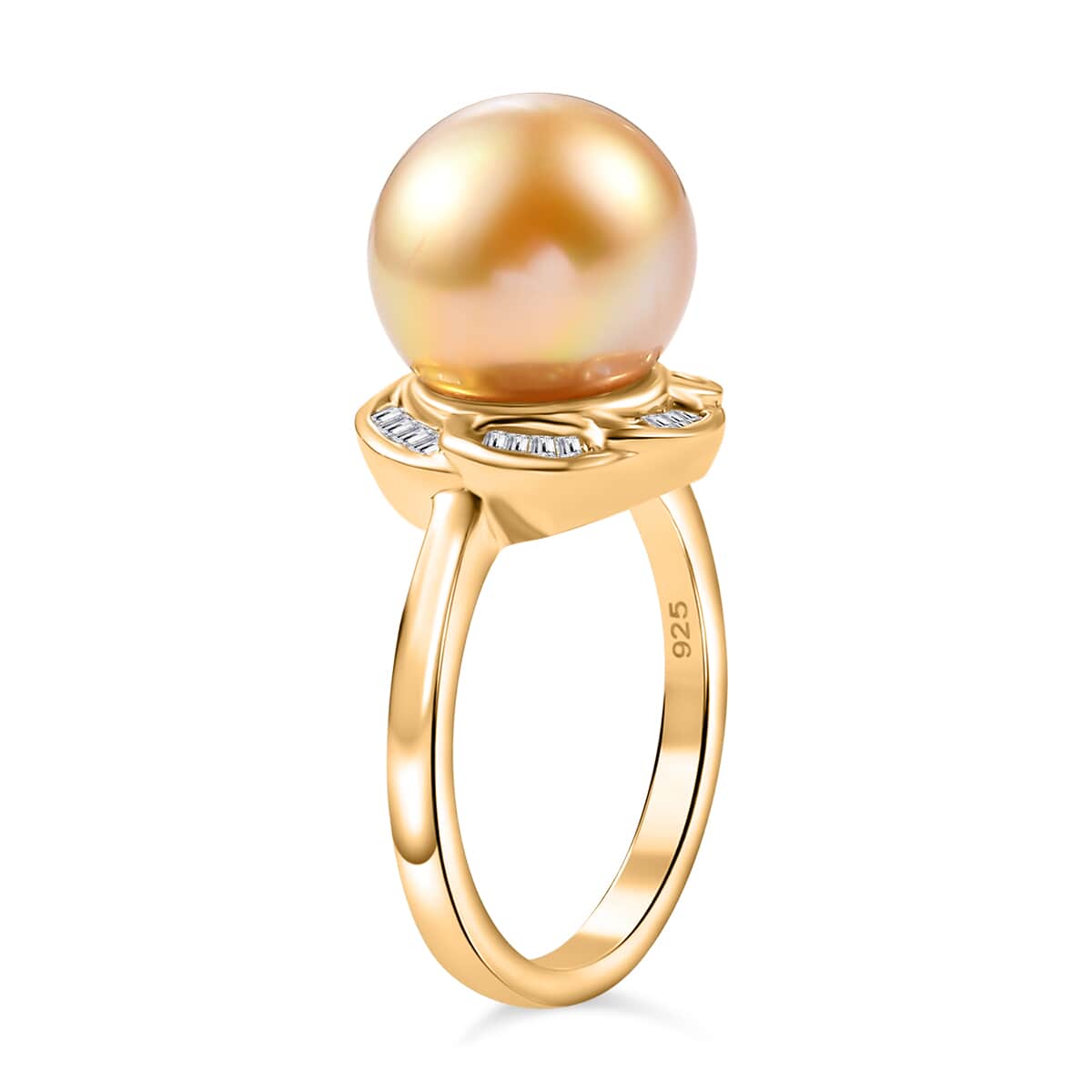 South Sea Golden Cultured Pearl and Diamond 0.20 ctw Flower Ring in 18K Vermeil Yellow Gold Over Sterling Silver (Size 10.0) image number 3