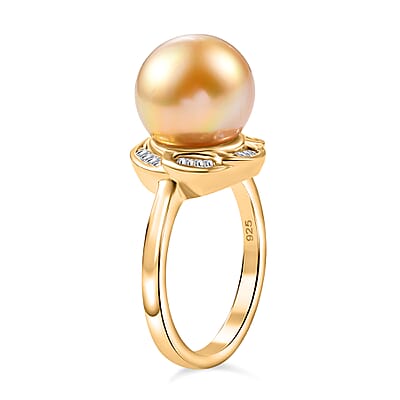 South Sea Golden Cultured Pearl and Diamond 0.20 ctw Flower Ring in 18K Vermeil Yellow Gold Over Sterling Silver (Size 10.0)