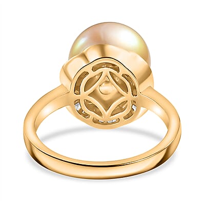 South Sea Golden Cultured Pearl and Diamond 0.20 ctw Flower Ring in 18K Vermeil Yellow Gold Over Sterling Silver (Size 10.0)