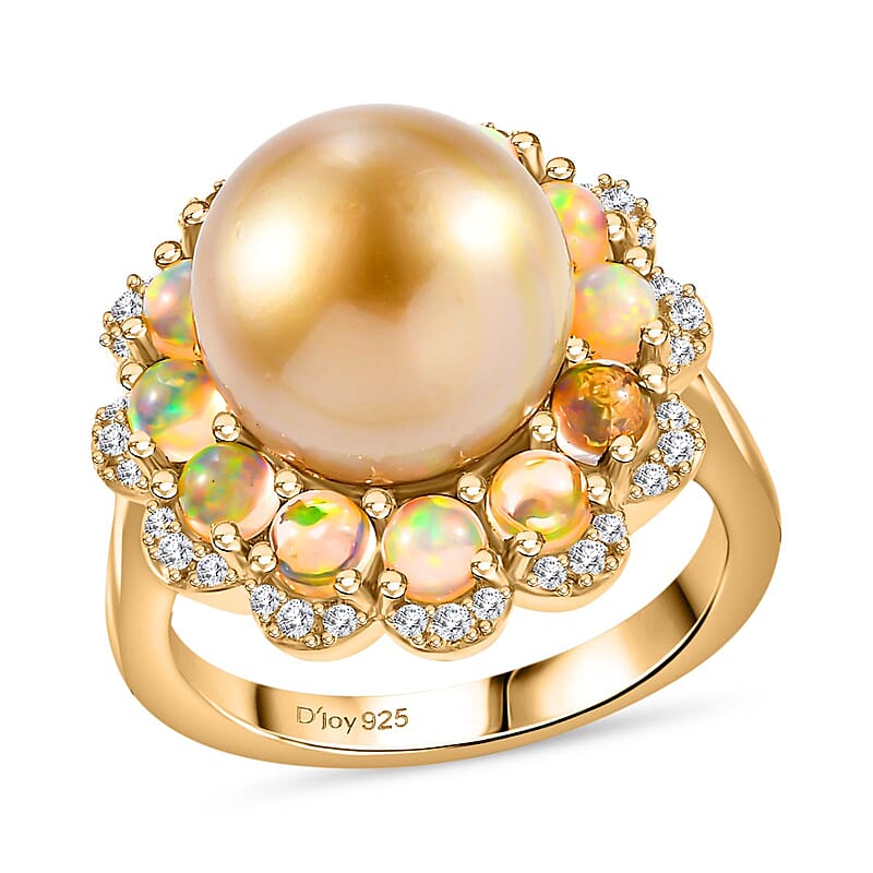 South Sea Golden Cultured Pearl and Multi Gemstone Helenium Flower 1.25 ctw Ring in 18K Vermeil Yellow Gold Over Sterling Silver (Size 10.0)