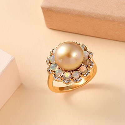 South Sea Golden Cultured Pearl and Multi Gemstone Helenium Flower 1.25 ctw Ring in 18K Vermeil Yellow Gold Over Sterling Silver (Size 10.0)