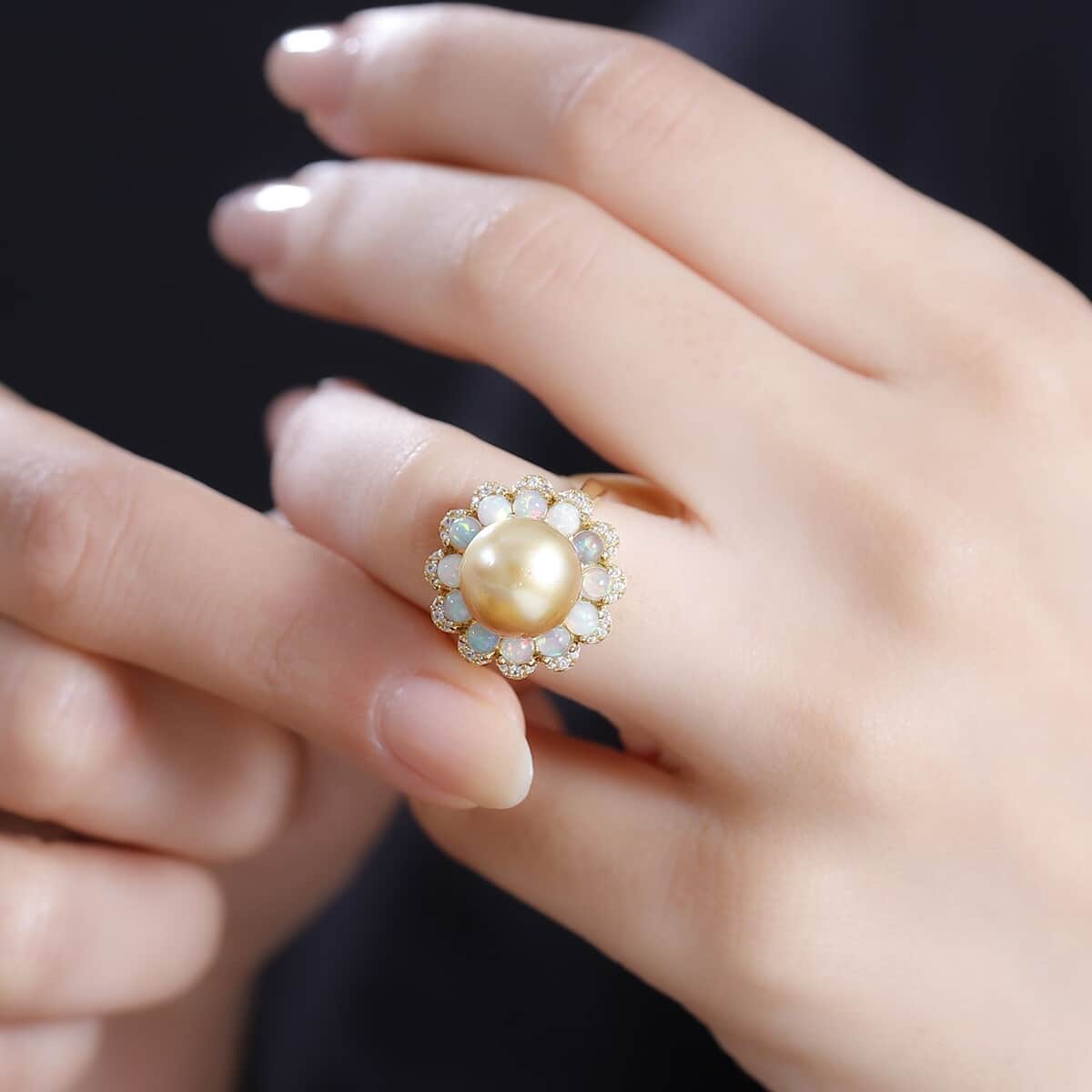 South Sea Golden Cultured Pearl and Multi Gemstone Helenium Flower 1.25 ctw Ring in 18K Vermeil Yellow Gold Over Sterling Silver (Size 10.0) image number 2