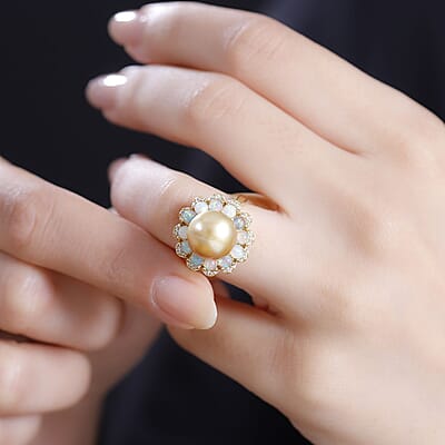 South Sea Golden Cultured Pearl and Multi Gemstone Helenium Flower 1.25 ctw Ring in 18K Vermeil Yellow Gold Over Sterling Silver (Size 10.0)
