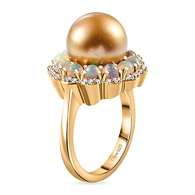South Sea Golden Cultured Pearl and Multi Gemstone Helenium Flower 1.25 ctw Ring in 18K Vermeil Yellow Gold Over Sterling Silver (Size 10.0)