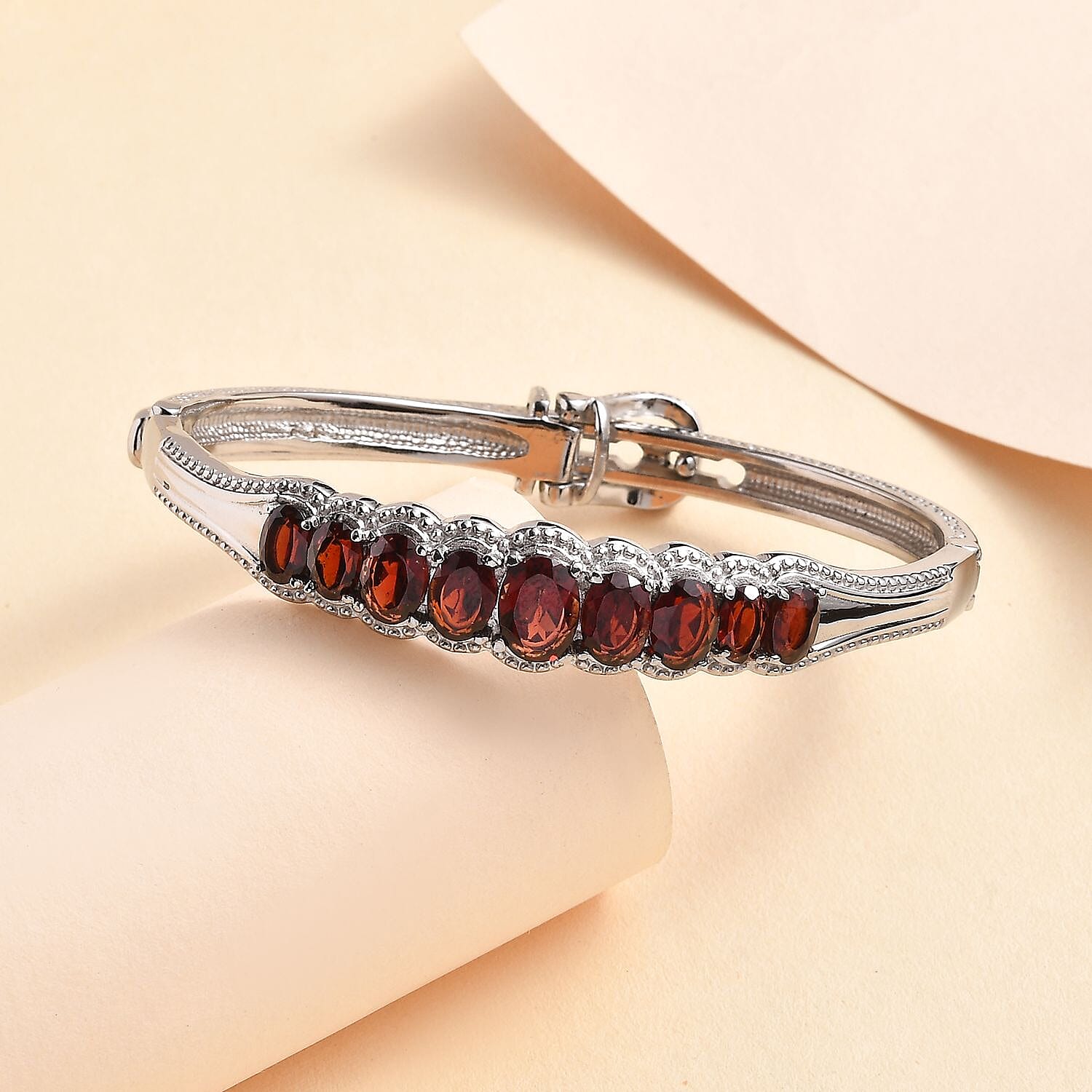 D'Joy Mozambique Garnet 7.25 ctw Bangle Bracelet in Stainless Steel (6.50 In)