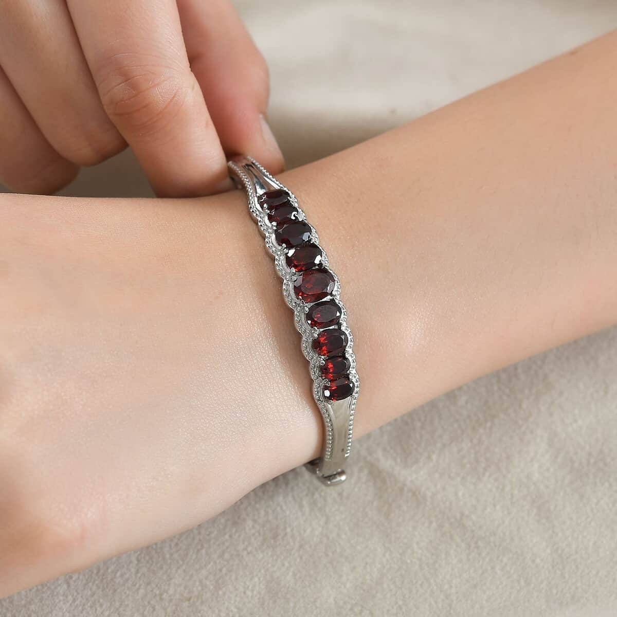 Mozambique Garnet 7.25 ctw Bangle Bracelet in Stainless Steel (6.50 In) image number 2