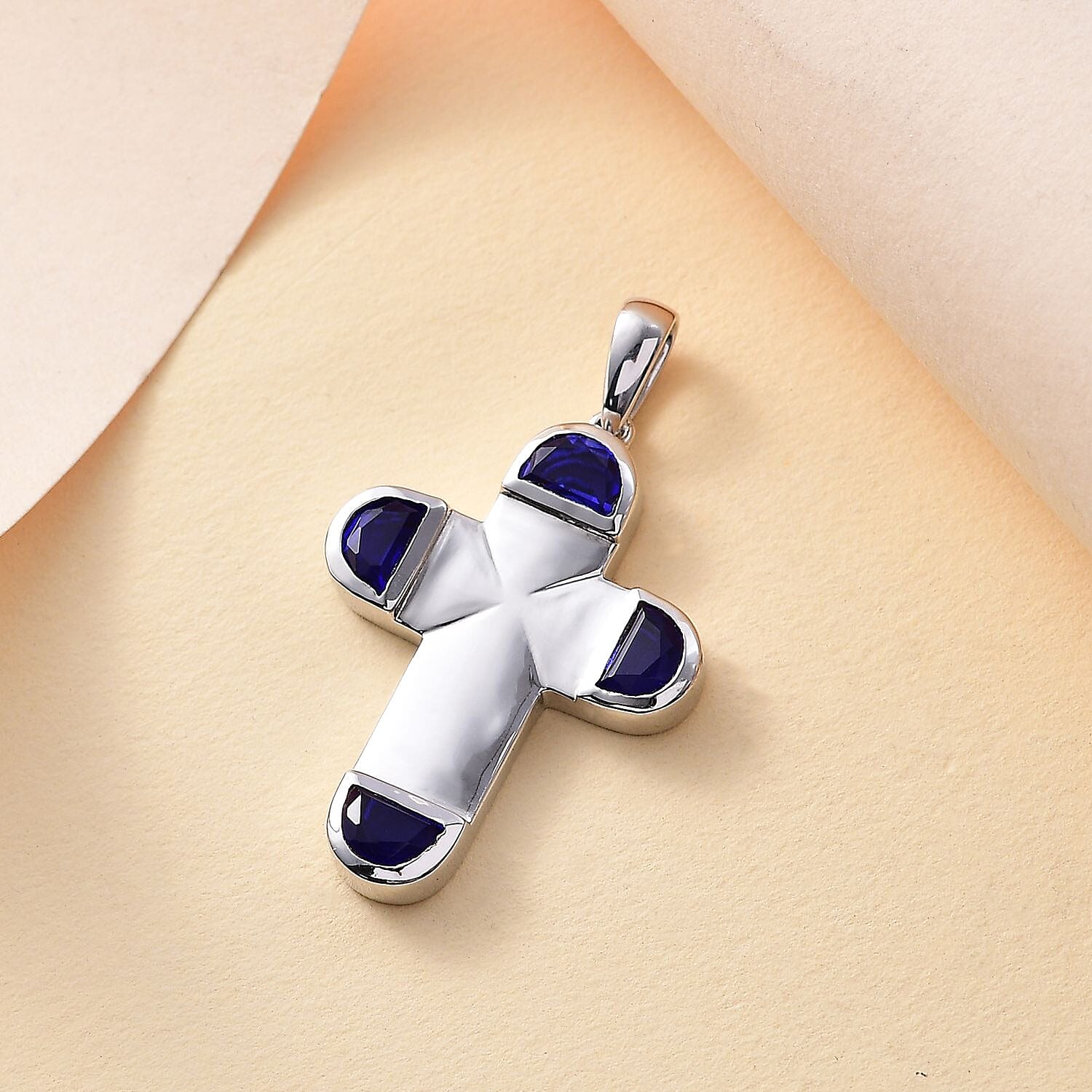 Tanzanite Color Quartz 2.00 ctw Cross Pendant without Chain in Platinum Over Sterling Silver