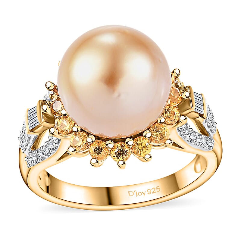 South Sea Golden Cultured Pearl and Multi Gemstone 1.35 ctw Sunrise Ring in 18K Vermeil Yellow Gold Over Sterling Silver (Size 10.0)