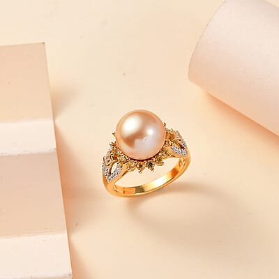 South Sea Golden Cultured Pearl and Multi Gemstone 1.35 ctw Sunrise Ring in 18K Vermeil Yellow Gold Over Sterling Silver (Size 10.0)