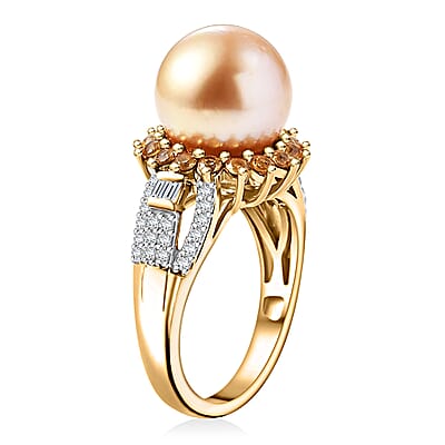 South Sea Golden Cultured Pearl and Multi Gemstone 1.35 ctw Sunrise Ring in 18K Vermeil Yellow Gold Over Sterling Silver (Size 10.0)