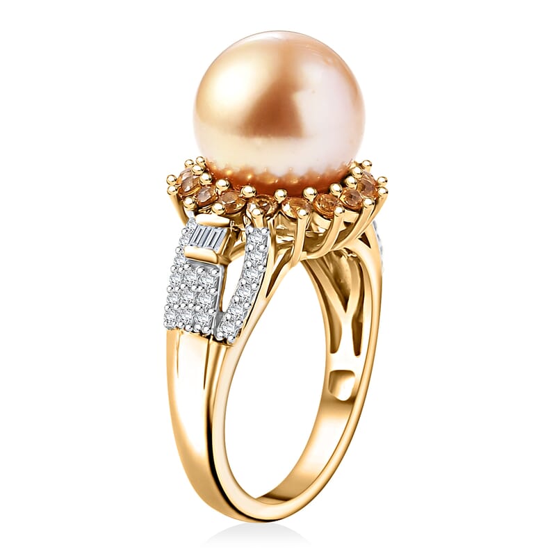 South Sea Golden Cultured Pearl and Multi Gemstone 1.35 ctw Sunrise Ring in 18K Vermeil Yellow Gold Over Sterling Silver (Size 10.0)