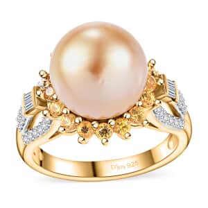 South Sea Golden Cultured Pearl and Multi Gemstone 1.35 ctw Sunrise Ring in 18K Vermeil Yellow Gold Over Sterling Silver (Size 7.0)