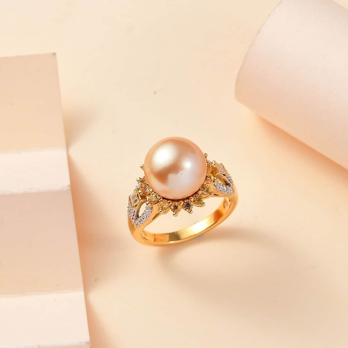 South Sea Golden Cultured Pearl and Multi Gemstone 1.35 ctw Sunrise Ring in 18K Vermeil Yellow Gold Over Sterling Silver (Size 7.0) image number 1